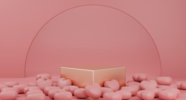 Valentine's Day : gold podium or product stand with hearts symbol of love on pastel pink background with copy space. 3d rendering.