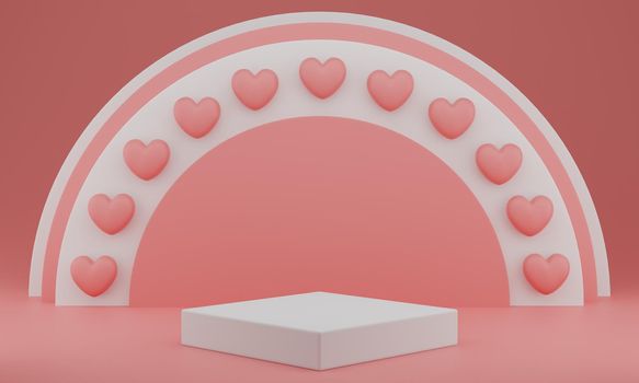 Valentine's Day : podium or product stand with hearts symbol of love on pastel pink background with copy space. 3d rendering.