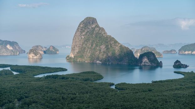 Samed Nang Chee. View of the Phang Nga bay, mangrove tree forest and hills at Andaman sea, Thailand.