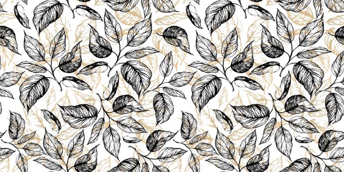 Floral seamless pattern with leaves in grayscale and golden foiled contour on white. Hand drawing. Background for title, blog, decoration. Design for wallpapers, textiles, fabrics, wrappings.