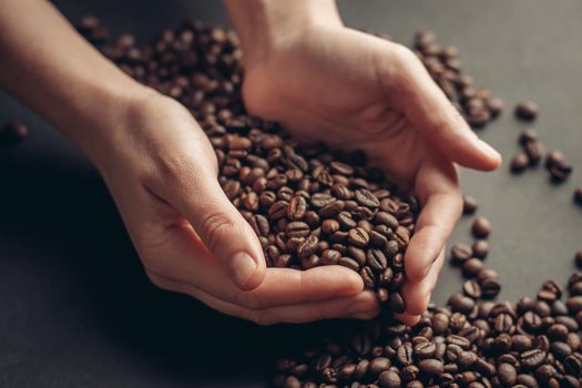 brown coffee beans in hands arabica drink preparation. High quality photo