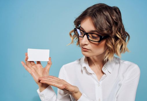 Credit card Business woman glasses mockup blue background. High quality photo