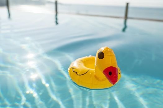 Cute yellow rubber duck floating on blue water in a pool.