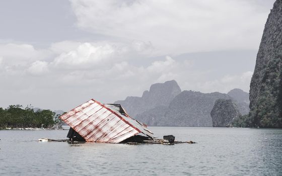 House collapse in the ocean water neat mangrove, Phang nga bay, Thailand.