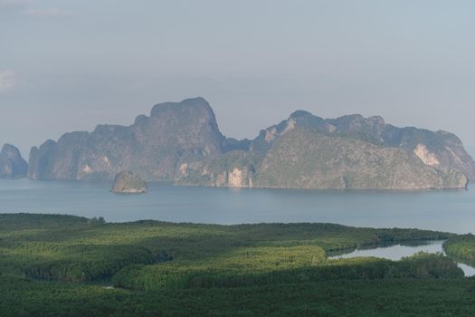 Samed Nang Chee. View of the Phang Nga bay, mangrove tree forest and hills at Andaman sea, Thailand.