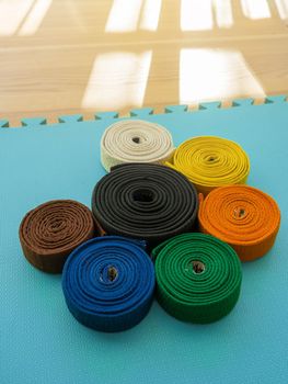 Martial arts colored belts on a tatami background. From white to black belt.