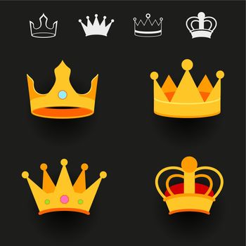 Crown set with shadow on dark background. King golden crowns collection. Monarchy royal sign symbol icon