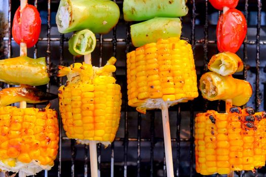 Closeup image of Grilled vegetable and chicken skewers on a hot barbecue