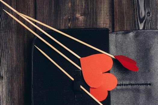 business card holder red heart on sticks ornament decoration desktop. High quality photo