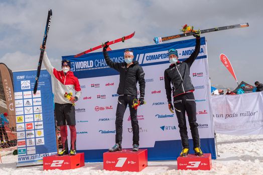 Arinsal, Andorra: 2021 March 4: MARTI Werner SUI, BONNET Rémi SUI and ALZER Anton GER in the Podium line ISMF WC Championships Comapedrosa Andorra 2021