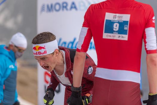 Arinsal, Andorra: 2021 March 4: BONNET Rémi SUI and ALZER Anton GER in the finish line ISMF WC Championships Comapedrosa Andorra 2021