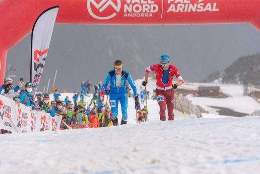 Arinsal, Andorra: 2021 March 4: MAGNINI Davide ITA and MARTI Werner SUI in the finish line ISMF WC Championships Comapedrosa Andorra 2021