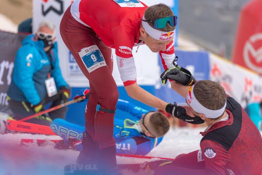 Arinsal, Andorra: 2021 March 4: BONNET Rémi SUI and ALZER Anton GER in the finish line ISMF WC Championships Comapedrosa Andorra 2021