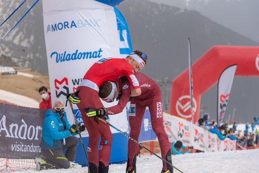 Arinsal, Andorra: 2021 March 4: BONNET Rémi SUI and ALZER Anton GER in the finish line ISMF WC Championships Comapedrosa Andorra 2021