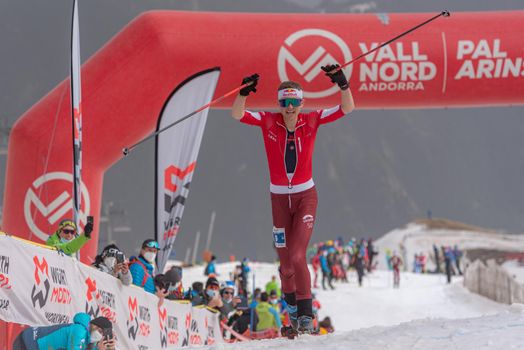 Arinsal, Andorra: 2021 March 4: BONNET Rémi SUI in the finish line ISMF WC Championships Comapedrosa Andorra 2021
