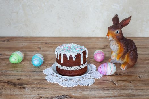 Easter cake on a wooden table, Easter still life. Easter Christian Spring Festival Celebration Concept