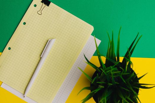 notebook on the table pen flower in a pot work desk colorful background. High quality photo