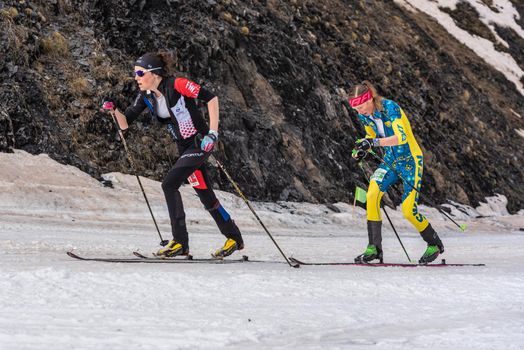 Arinsal, Andorra: 2021 March 4 : GACHET MOLLARET Axelle FRA and ALEXANDERSSON Tove SWE in the finish line ISMF WC Championships Comapedrosa Andorra 2021 Vertical Race.