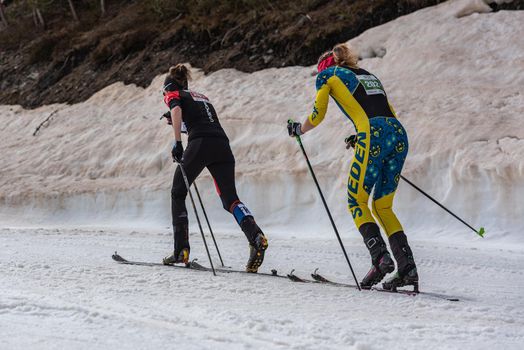 Arinsal, Andorra: 2021 March 4 : GACHET MOLLARET Axelle FRA and ALEXANDERSSON Tove SWE in the finish line ISMF WC Championships Comapedrosa Andorra 2021 Vertical Race.