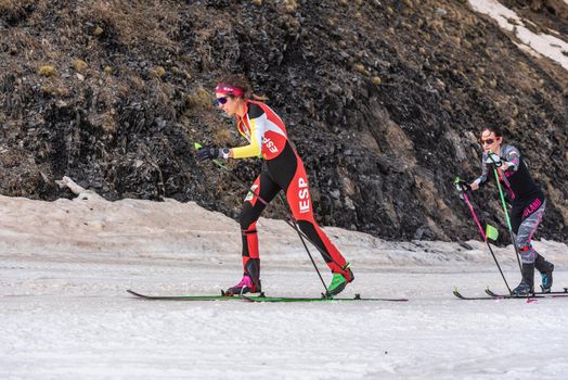 Arinsal, Andorra: 2021 March 4 : CAMPOS ODRIOZOLA Igone ESP in the finish line ISMF WC Championships Comapedrosa Andorra 2021 Vertical Race.