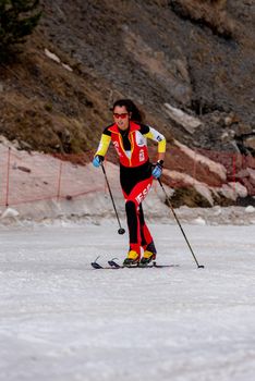 Arinsal, Andorra: 2021 March 4 : DE DIEGO AGUADO Fátima ESP  in the finish line ISMF WC Championships Comapedrosa Andorra 2021 Vertical Race.