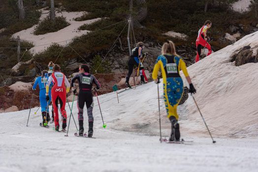 Arinsal, Andorra: 2021 March 4 : Skiers in the finish line ISMF WC Championships Comapedrosa Andorra 2021 Vertical Race.