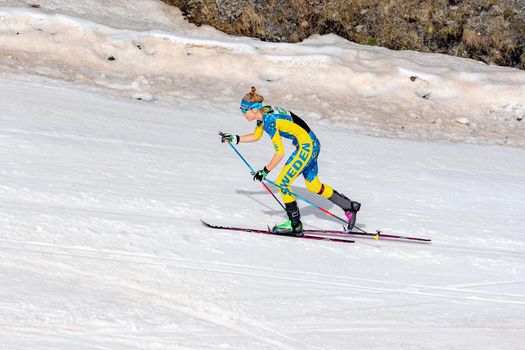 Arinsal, Andorra: 2021 March 4 : BORGSTRöM Fanny SWE in the finish line ISMF WC Championships Comapedrosa Andorra 2021 Vertical Race.