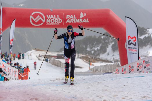 Arinsal, Andorra: 2021 March 4 : GACHET MOLLARET Axelle FRA in the finish line ISMF WC Championships Comapedrosa Andorra 2021 Vertical Race.