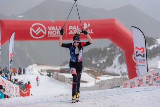 Arinsal, Andorra: 2021 March 4 : GACHET MOLLARET Axelle FRA in the finish line ISMF WC Championships Comapedrosa Andorra 2021 Vertical Race.