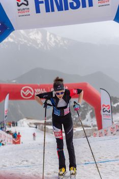 Arinsal, Andorra: 2021 March 4 : GACHET MOLLARET Axelle FRA in the finish line ISMF WC Championships Comapedrosa Andorra 2021 Vertical Race.