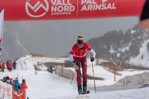 Arinsal, Andorra: 2021 March 4 :  KREUZER Victoria SUI in the finish line ISMF WC Championships Comapedrosa Andorra 2021 Vertical Race.