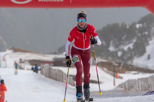 Arinsal, Andorra: 2021 March 4 :  KREUZER Victoria SUI in the finish line ISMF WC Championships Comapedrosa Andorra 2021 Vertical Race.