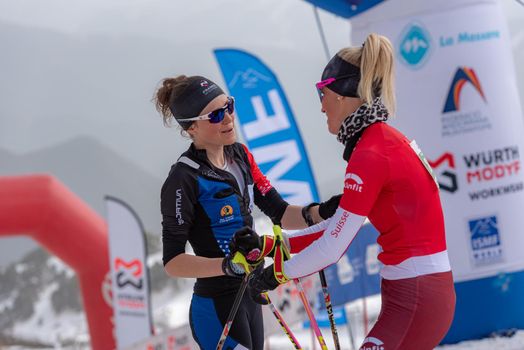 Arinsal, Andorra: 2021 March 4 :  KREUZER Victoria SUI and GACHET MOLLARET Axelle FRA in the finish line ISMF WC Championships Comapedrosa Andorra 2021 Vertical Race.