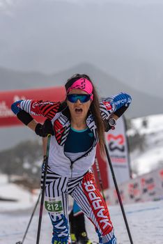 Arinsal, Andorra: 2021 March 4 :  JAGERCIKOVA Marianna SVK in the finish line ISMF WC Championships Comapedrosa Andorra 2021 Vertical Race.