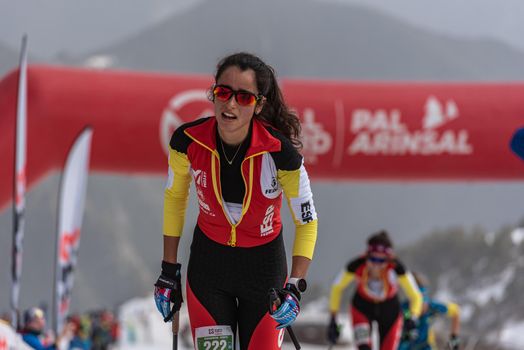 Arinsal, Andorra: 2021 March 4 :  DE DIEGO AGUADO Fátima ESP in the finish line ISMF WC Championships Comapedrosa Andorra 2021 Vertical Race.
