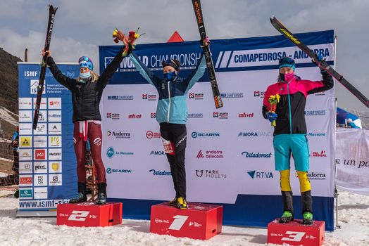 Arinsal, Andorra: 2021 March 4 : KREUZER Victoria SUI, GACHET MOLLARET Axelle FRA and ALEXANDERSSON Tove SWE in the finish line ISMF WC Championships Comapedrosa Andorra 2021 Vertical Race.
