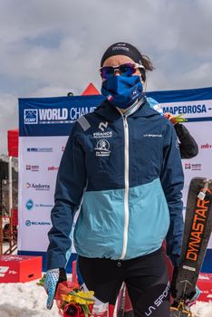 Arinsal, Andorra: 2021 March 4 : GACHET MOLLARET Axelle FRA in the finish line ISMF WC Championships Comapedrosa Andorra 2021 Vertical Race.