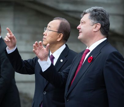 KIEV, UKRAINE - May. 08, 2015: President of Ukraine Petro Poroshenko, and UN Secretary General Ban Ki-moon during the day of remembrance and reconciliation in Kiev