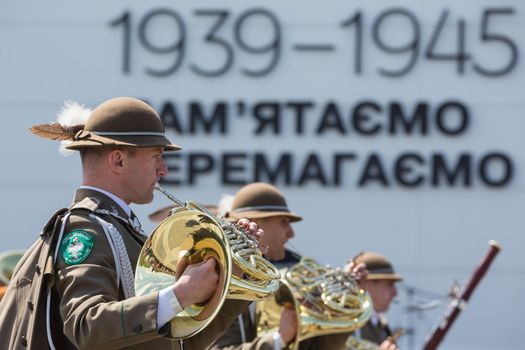 KIEV, UKRAINE - May. 09, 2015: Military bands march on the day of the 70th anniversary of the victory over Nazism in Kiev