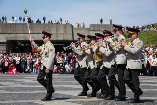 KIEV, UKRAINE - May. 09, 2015: Military bands march on the day of the 70th anniversary of the victory over Nazism in Kiev