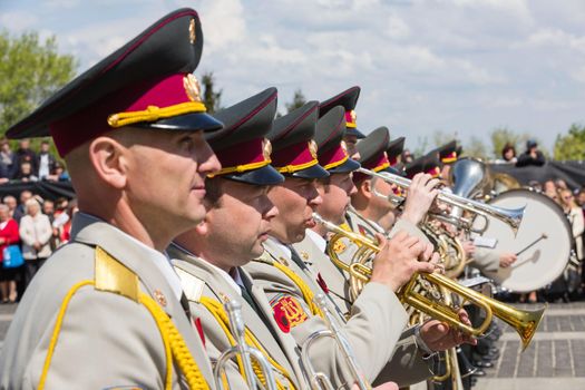 KIEV, UKRAINE - May. 09, 2015: Military bands march on the day of the 70th anniversary of the victory over Nazism in Kiev
