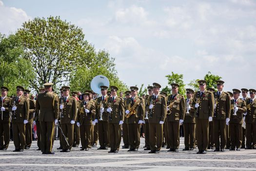 KIEV, UKRAINE - May. 09, 2015: Military bands march on the day of the 70th anniversary of the victory over Nazism in Kiev