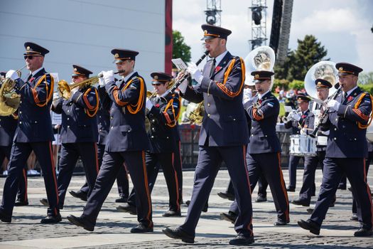 KIEV, UKRAINE - May. 09, 2015: Military bands march on the day of the 70th anniversary of the victory over Nazism in Kiev