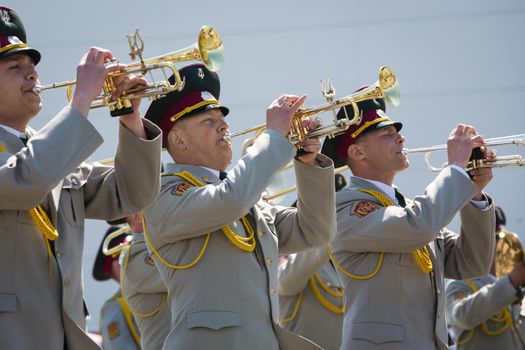KIEV, UKRAINE - May. 09, 2015: Military bands march on the day of the 70th anniversary of the victory over Nazism in Kiev