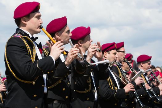 KIEV, UKRAINE - May. 09, 2015: Military bands march on the day of the 70th anniversary of the victory over Nazism in Kiev