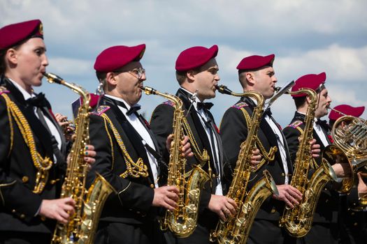 KIEV, UKRAINE - May. 09, 2015: Military bands march on the day of the 70th anniversary of the victory over Nazism in Kiev