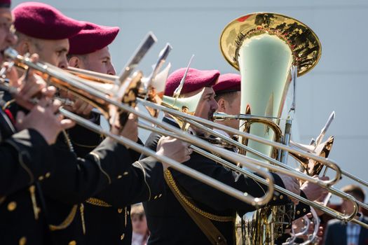 KIEV, UKRAINE - May. 09, 2015: Military bands march on the day of the 70th anniversary of the victory over Nazism in Kiev