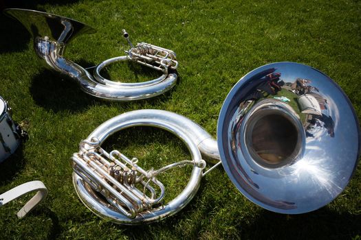 
KIEV, UKRAINE - May. 09, 2015: Musical instruments during the march of military bands on the day of the 70th anniversary of the victory over Nazism in Kiev