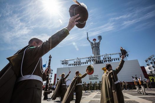 KIEV, UKRAINE - May. 09, 2015: Military bands march on the day of the 70th anniversary of the victory over Nazism in Kiev
