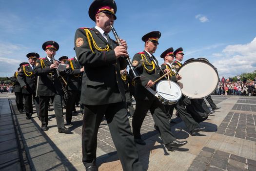KIEV, UKRAINE - May. 09, 2015: Military bands march on the day of the 70th anniversary of the victory over Nazism in Kiev